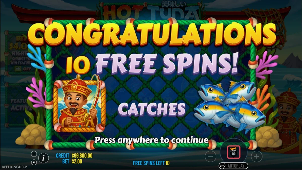 Tampilan layar permainan slot Hot Tuna dengan nuansa Asia dan tema memancing di perangkat seluler.
